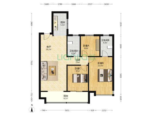 蓝光悦隽 3室1厅2卫 120平方