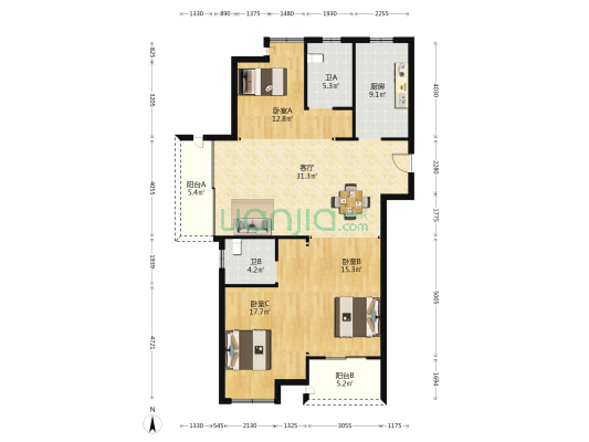 绿城锦园 3室1厅2卫 134平方