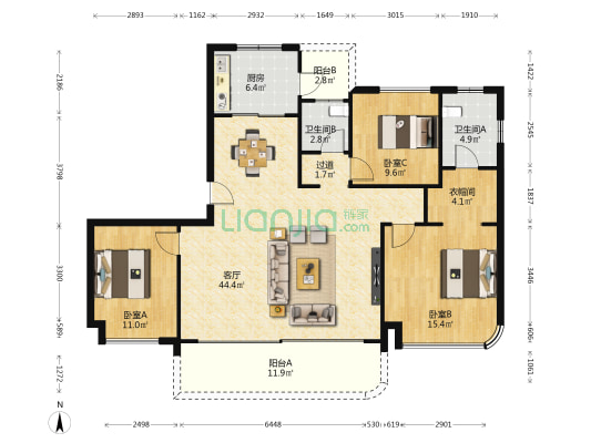 首创禧瑞光华 3室1厅2卫 141平方