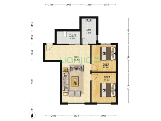 卓扬北湖湾A区 2室1厅1卫 89平方