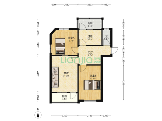中华巷68号院 2室1厅1卫 62平方