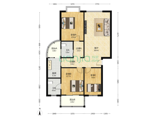 广场丽苑 3室1厅2卫 109平方
