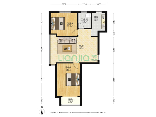 润壹家园 2室1厅1卫 87平方