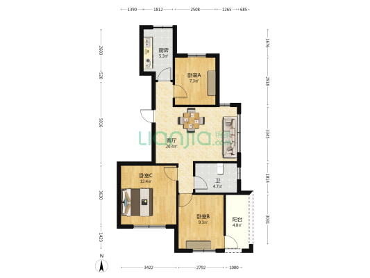 临江时代花苑 3室1厅1卫 89平方