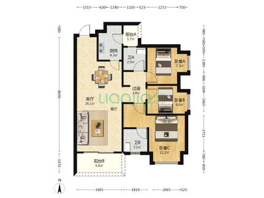 保利碧桂园新城之光 3室1厅2卫 90平方