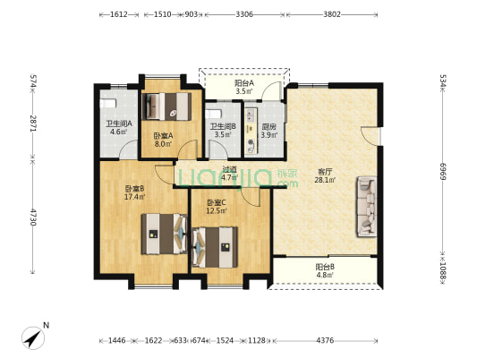 德洋豪庭 3室1厅2卫 98平方