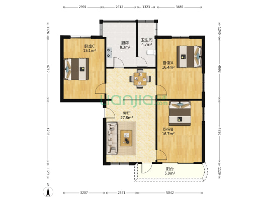 宏坤花园 3室1厅1卫 108平方