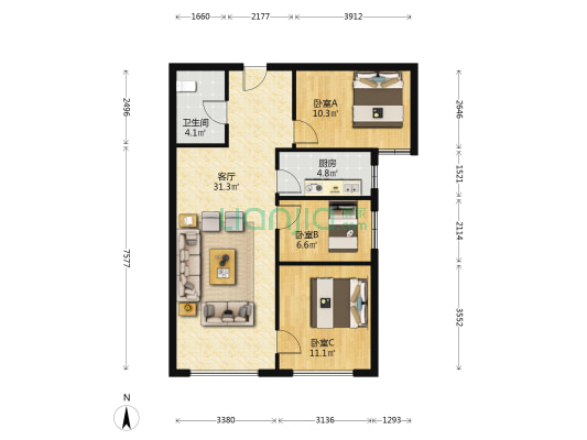 鸿坤理想湾南院，满五唯一，精装修小三居-户型图
