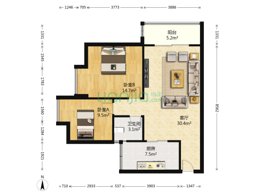 翡翠公寓 2室1厅1卫 89平方