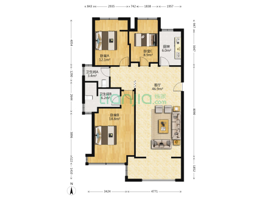 世贸广场 3室1厅2卫 128平方