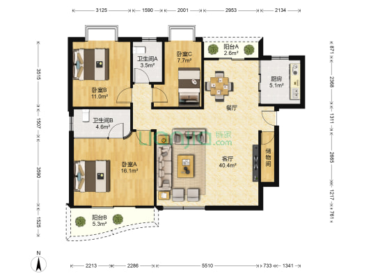 嘉盛花园 3室1厅2卫 125平方