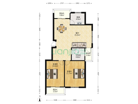 兰桂院A区 2室1厅1卫 105平方