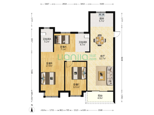 云尚嘉园 3室1厅2卫 119平方