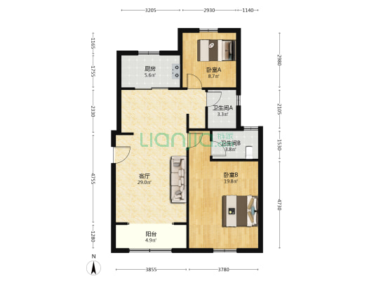 溪语兰庭 2室1厅2卫 100平方