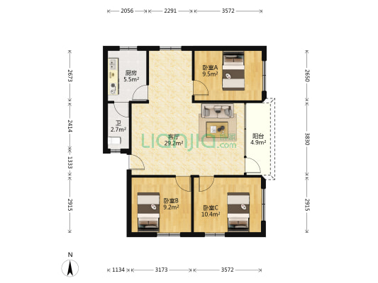 龙德新街 3室1厅1卫 85平方