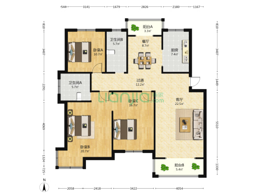 拱辰花园 3室2厅2卫 136平方