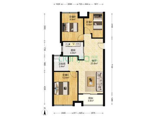 恒威君尚城 3室1厅1卫 88平方