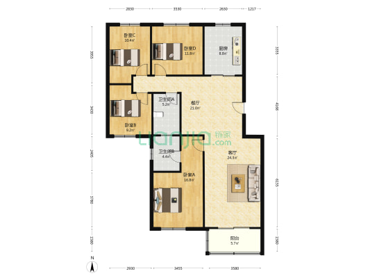 范阳路，旁南北通透大四居，配套设施齐全。-户型图