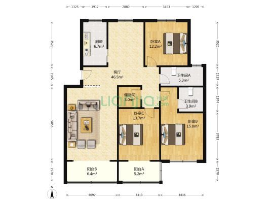 新田小区 3室1厅2卫 137平方