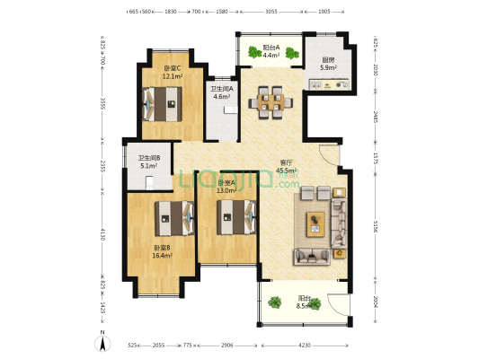景凯阳光城 3室1厅2卫 136平方