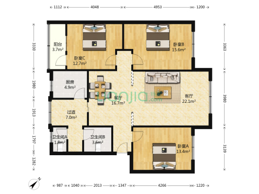 一杆旗东街86号院 3室2厅2卫 121平方