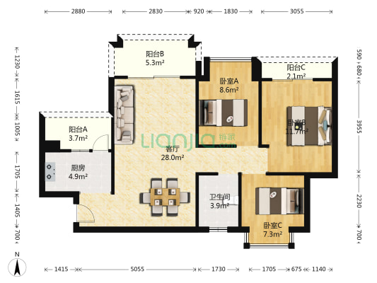 锦绣阳光花园盈翠苑 3室1厅1卫 86平方