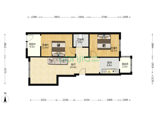 房本满五税少，一层带院子还带地下室，通透两居室-户型图
