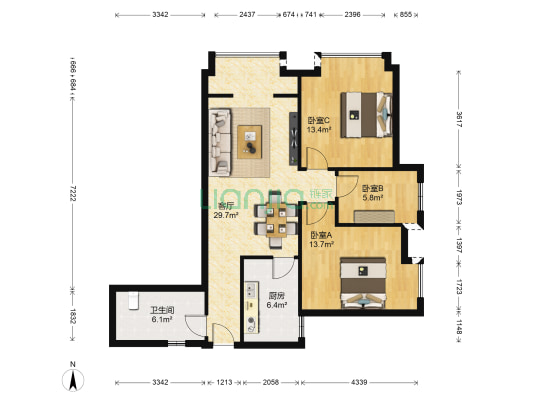 双福国际农贸城兴茂北座 3室1厅1卫 103平方