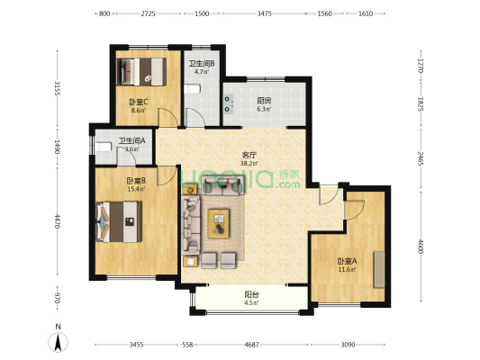 天津宝坻吾悦广场 3室1厅2卫 129平方