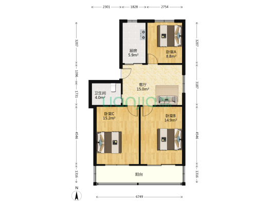 运河新村(南桥) 3室1厅1卫 84平方