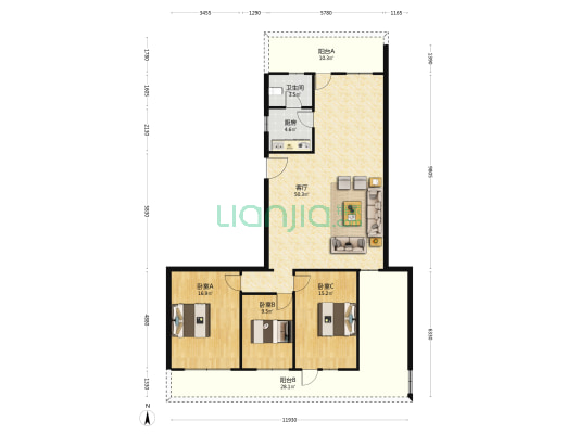长城大厦 3室1厅1卫 126平方
