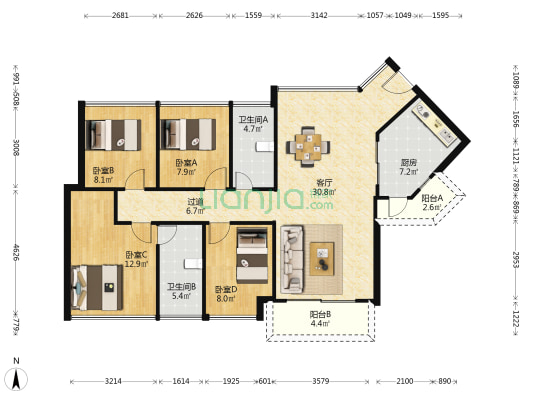 品实·云湖花城 4室1厅2卫 121平方