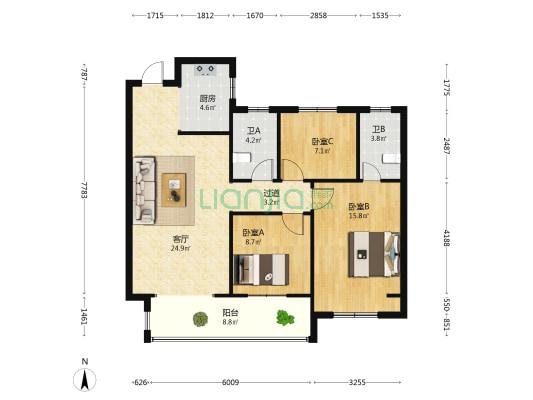 恒达新筑 3室1厅2卫 107平方
