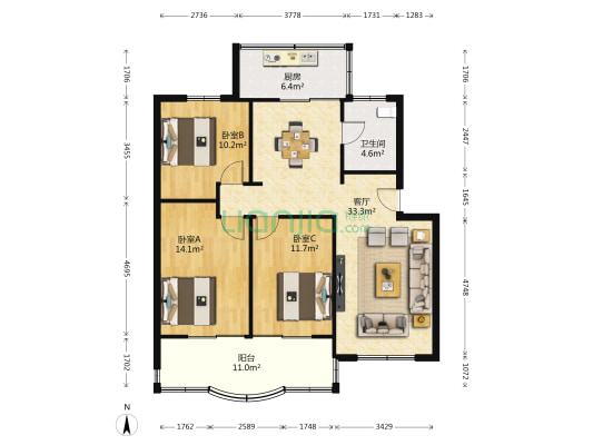 后埭溪路 3室1厅1卫 96平方