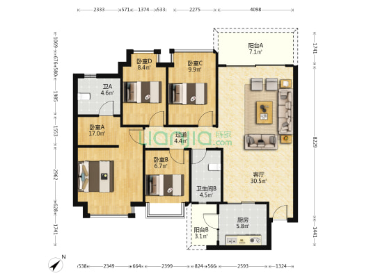 恒大中央公园一期 4室1厅2卫 128平方