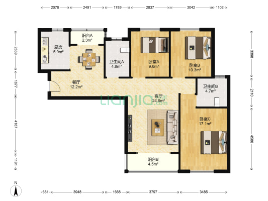 白桦林明天北区 3室2厅2卫 134平方