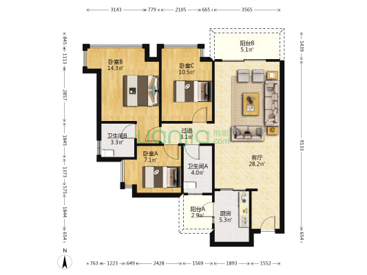 碧桂园铂悦府 3室1厅2卫 98平方