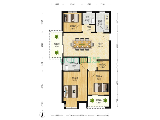 天宁苑 3室1厅2卫 103平方