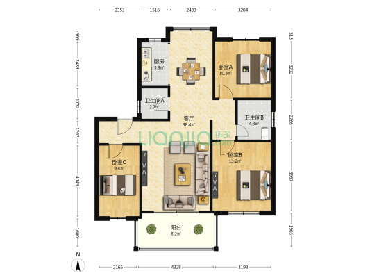 紫藤公寓 3室1厅2卫 106平方