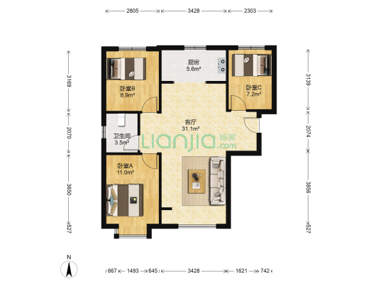 太阳城皓林园 3室1厅1卫 95平方