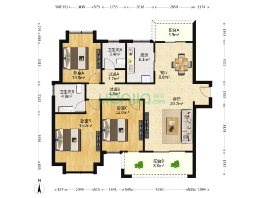 熙悦天玺 3室2厅2卫 124平方