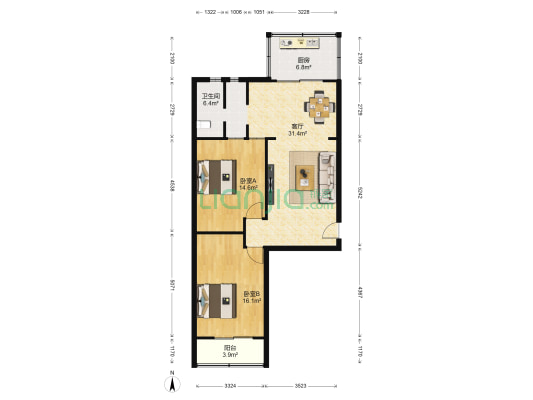 河北电视中心宿舍 2室1厅1卫 94平方