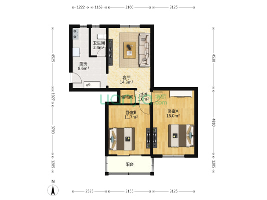 月坛北小街甲7号院 2室1厅1卫 72平方