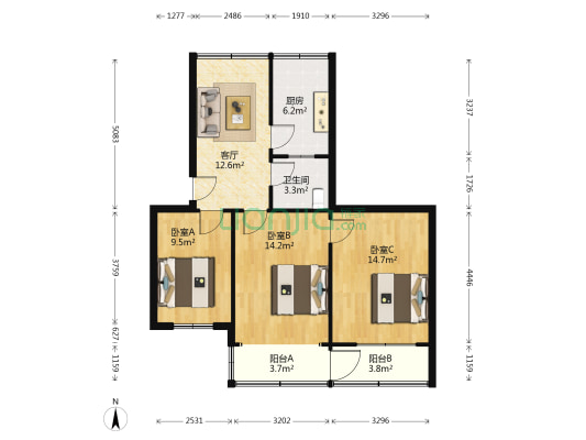 郑密路38号院 3室1厅1卫 84平方