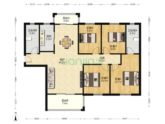 金富湘江悦城 4室1厅2卫 143平方