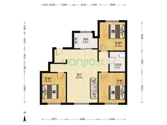 金地名著 3室1厅1卫 100平方