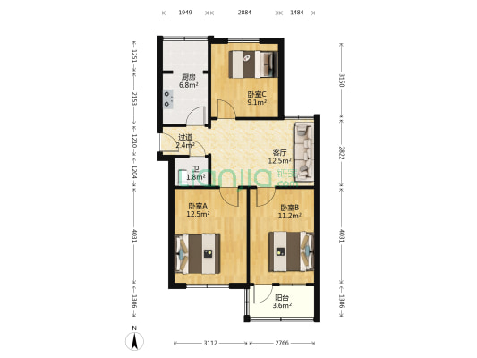 地矿四院 3室1厅1卫 69平方