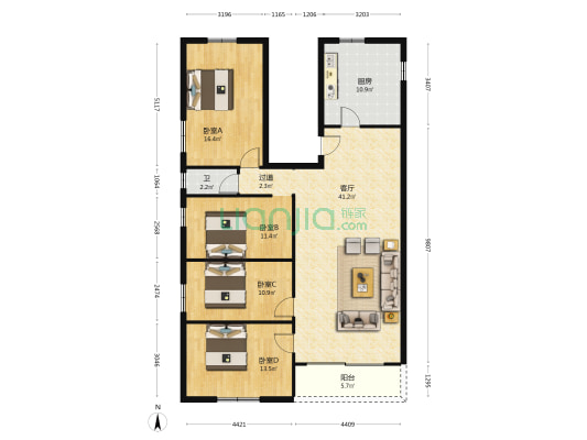 永安南园B区 4室1厅1卫 144平方
