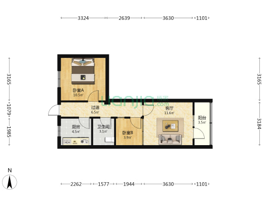 洒金桥122号院 2室1厅1卫 55平方