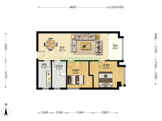 北岭春城 2室1厅1卫 86平方
